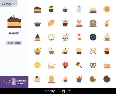 Innovatives Paket mit 36 Vektorsymbolen, die sich um gebackene Vektorsymbole drehen und Flat Color-Design im perfekten Format mit 128x128 PIXELN für moderne digitale Lösungen präsentieren. Stock Vektor