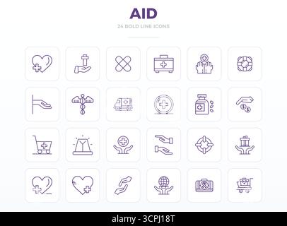 Ausgeklügeltes Paket mit 24 starken Konturvektorsymbolen für Hilfe, entwickelt mit 128x128 PIXELN perfekte Klarheit für professionelle Anwendungen. Stock Vektor