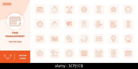 Set aus 28 Thin Line PIXEL Perfect Vektorsymbolen, die sich um das Zeitmanagement drehen, in einer Auflösung von 128x128 für eine nahtlose Integration in Apps und Websi Stock Vektor
