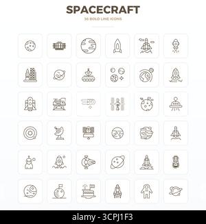 Ein vielseitiger Satz von 36 starken Outline PIXEL Perfect Vektorsymbolen mit Fokus auf Raumfahrzeuge, geliefert im scharfen Format 128x128, ideal für mobile Anwendungen und Web-Anwendungen Stock Vektor