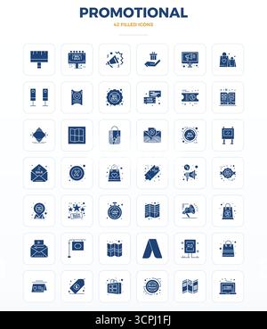 Unverkennbares Paket mit 42 PIXEL Perfect Vektor-Symbolen, inspiriert von Promotional, im SolidFill-Format bei 128x128 für unvergessliche Markenerlebnisse. Stock Vektor