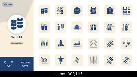 Kuratiertes Paket mit 24 128x128 Vektorsymbolen in gefülltem Design, zentriert um Weizenkonzepte mit perfekter PIXELKLARHEIT. Stock Vektor