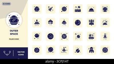 Raffiniertes Paket mit 24 gefüllten Vektorsymbolen für den Weltraum, optimiert mit 128x128 PIXELN perfekte Qualität für elegante und funktionale Design-Soluti Stock Vektor