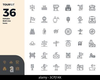 Präzise entwickelte 36 Bold Line Vektorsymbole für Touristen, entwickelt mit einer perfekten Auflösung von 128x128 PIXELN für außergewöhnliche Klarheit und Skalierbarkeit. Stock Vektor