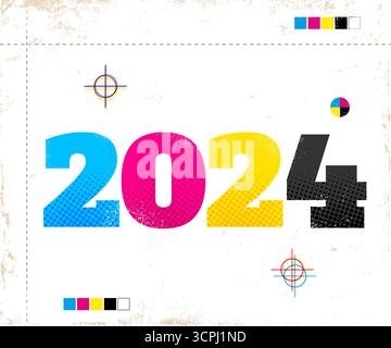 Vektor-Vintage-Poster mit 2024 im CMYK-Stil. Retro-Poster für Neujahr 2024 Stock Vektor