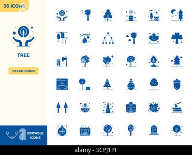 Handgefertigte Kollektion mit 36 gefüllten Vektorsymbolen für Tree, optimiert in einer Auflösung von 128x128 PIXELN für erstklassige digitale Erlebnisse. Stock Vektor