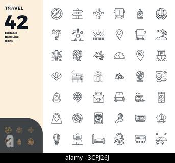 Professionelle Sammlung von 42 Bold Line Vektorsymbolen, die Travel darstellen, gefertigt mit 128x128 PIXEL perfekter Präzision für Enterprise applicatio Stock Vektor