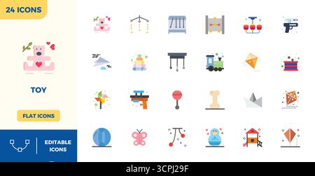 Kunstvoll gestaltete 24 Flat Color PIXEL Perfect Vector Icons für Spielzeug, geliefert im Format 128x128 für konsistente visuelle Exzellenz. Stock Vektor