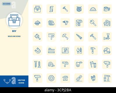 Fortschrittliche Sammlung von 36 PIXEL Perfect Vektor-Symbolen, inspiriert von DIY, in Bold Line mit 128x128-Optimierung für überragende visuelle Leistung. Stock Vektor