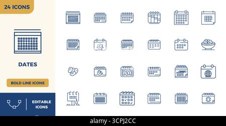 Hochleistungsfähige Sammlung von 24 Heavy Line Vektor-Symbolen für Datumsangaben, entwickelt mit einer perfekten Auflösung von 128x128 PIXELN für optimale Benutzeroberflächen Stock Vektor