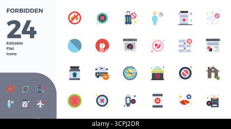 Die ultimative Sammlung von 24 Vektorsymbolen, die die Ästhetik „Verbotene in flache“ darstellen, optimiert mit einer perfekten Auflösung von 128x128 PIXELN für maximale Wirkung. Stock Vektor
