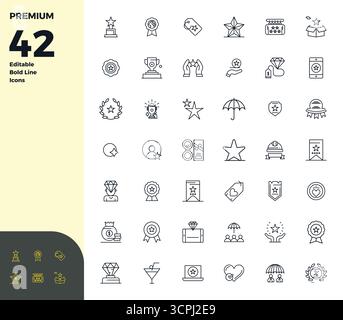 Optimierter Satz von 42 Vektorsymbolen für Premium in Bold Line Ästhetik mit einer perfekten Auflösung von 128x128 PIXELN für nahtlose Benutzererfahrungen. Stock Vektor