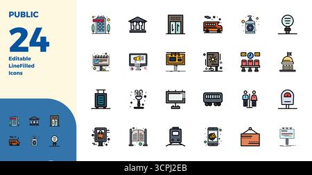 Unverkennbares Paket mit 24 PIXEL Perfect Vektor-Ikonen, inspiriert von der Öffentlichkeit, im Duotone-Format in 128x128 für unvergessliche Markenerlebnisse. Stock Vektor