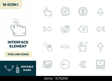 Ultimative Sammlung von 16 Vektorsymbolen, die das Interface Element in minimaler Linienästhetik darstellen, optimiert mit einer perfekten Auflösung von 128x128 PIXELN für m Stock Vektor