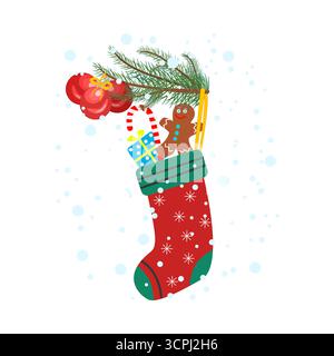 Strumpf hängt an weihnachtsbaumzweig.Twig mit Weihnachtskugeln und Geschenksocke mit Zuckerrohr, Geschenkbox und Lebkuchen.Winter festliches Symbol.Vektor Stock Vektor