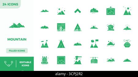 Unverkennbares Paket mit 24 PIXEL Perfect Vektor-Ikonen, inspiriert von Mountain, im gefüllten Format in 128x128 für unvergessliche Markenerlebnisse. Stock Vektor