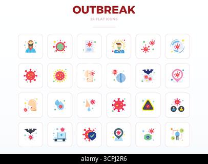 Sorgfältig gefertigte 24 minimale flache Vektorsymbole für den Ausbruch, geliefert in 128x128 PIXEL perfekter Qualität für kompromisslose Designstandards. Stock Vektor