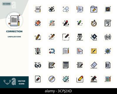 Ultimative Sammlung von 36 Vektorsymbolen, die die Korrektur in LineFilled Ästhetik darstellen, optimiert mit einer perfekten Auflösung von 128x128 PIXELN für maximale im Stock Vektor