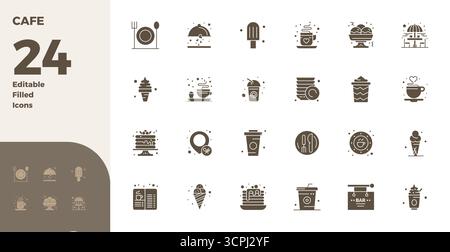 Unverkennbares Paket mit 24 PIXEL Perfect Vektor-Ikonen, inspiriert von Cafe, im Glyph-gefüllten Format bei 128x128 für unvergessliche Markenerlebnisse. Stock Vektor