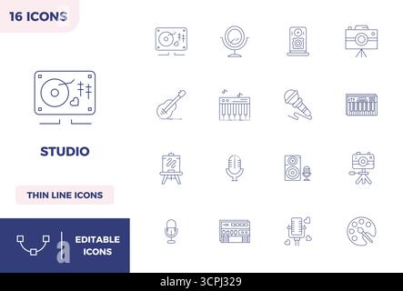 Essential Pack mit 16 PIXEL Perfect Vektorsymbolen für Studio im Minimal Line-Format, Größe 128x128 für optimale Leistung und Skalierbarkeit. Stock Vektor