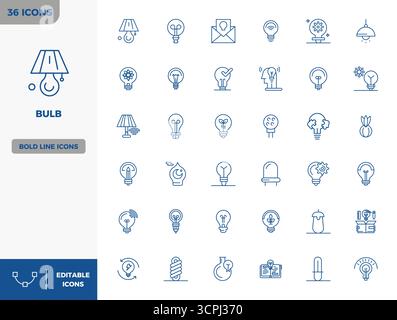 Sorgfältig kuratierte 36 Heavy Line Vector Icons für Bulb mit einer perfekten Auflösung von 128x128 PIXELN für konsistente Markendarstellung und Benutzererfahrung Stock Vektor