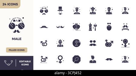 Laden Sie 24 skalierbare gefüllte Vektorsymbole für männliche Modelle herunter, die mit einer Auflösung von 128x128 pixel perfekt für professionelle und kreative Projekte geeignet sind Stock Vektor