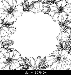 Hagebuttenzweige monochromer Vektor-quadratischer Rahmen mit Kopierraum für Text. Blühende wilde Hundelrosen mit Blattumrisszeichnung. Blumenschablone Stock Vektor