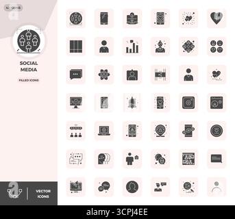 Strategisches Paket mit 42 Vektorsymbolen, die soziale Medien im ausgefüllten Format darstellen, optimiert mit 128x128 PIXELN perfekte Qualität für Profis Stock Vektor