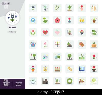 Dieses Plant Vector Icon Pack enthält 42 flache Designs im perfekten Format mit 128x128 PIXELN, perfekt für die Verbesserung digitaler Schnittstellen. Stock Vektor