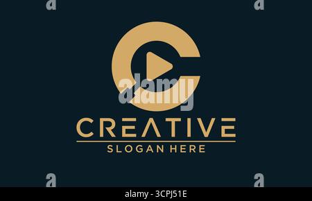 Anfangsbuchstabe C-Logo mit Wiedergabetaste und Lupensymbol. Moderne Vektorvorlage für Videosuche, Mediensuche oder Inhaltssuche Stock Vektor