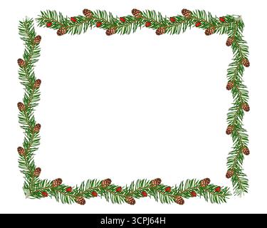 Weihnachtsrahmen aus Nadelzweigen mit Kegeln und kleinen roten Akzenten. Stockfoto