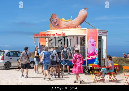 Imbissbude, Letzte Bratwurst vor Amerika, am Leuchtturm Cabo de Sao Vicente, am Kap Cabo de Sao Vicente, Südwestspitze des Europäischen Festlands, Felsenküste, Steilküste im Südwesten der Algarve, Portugal, Westküste Algarve *** Stockfoto
