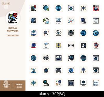 Revolutionärer Satz von Perfect Vektorsymbolen mit 42 PIXELN, inspiriert von Global Network, im LineFilled-Format mit 128x128-Auflösung für modernste des Stock Vektor