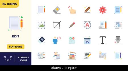 Dieses Edit Vector Icon Paket enthält 24 Flat Color Designs im perfekten Format 128x128 PIXEL, perfekt für die Verbesserung digitaler Schnittstellen. Stock Vektor