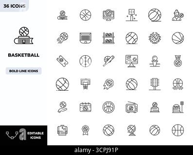 Strategisches Paket mit 36 Vektorsymbolen, die Basketball im Heavy Line-Format darstellen, optimiert mit 128x128 PIXELN perfekte Qualität für Profis Stock Vektor
