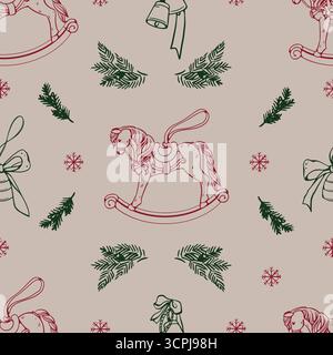Nahtloser Hintergrund im Retro-Stil, Geschenkpapier für Weihnachten und Neujahr. Vintage-Muster mit Weihnachtsdekoration, Schaukelpferd, Glocken und Tannenzweigen. Vektortapete in Grün und Rot auf beigefarbenem Hintergrund. Vektorgrafik. Stock Vektor