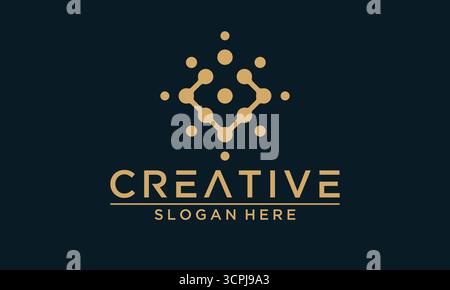 Diese Vektor-Illustration zeigt ein kreatives Logo-Design mit dem Buchstaben W und einem Punktmuster in Goldfarbe. Es steht vor einem marineblauen Hintergrund, pe Stock Vektor