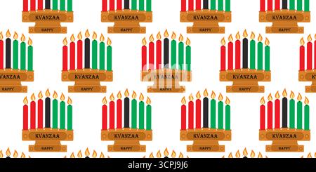 Happy Kwanzaa Letters auf hölzernem Kerzenhalter mit sieben Kerzen nahtlosem Muster in Rot Schwarz und Grün. Isolierte Vektor-Illustration Grüße Thematische Karten Hintergrund Party Einladung, Faltblatt, Banner, Preis Stock Vektor