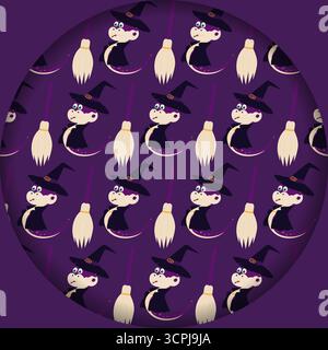 Schlange im Hexenlook und Besenmuster auf rundem Hintergrund Papier Schnitt Effekt Halloween violett Hintergrund. Isolierte Vektor-Illustration Halloween Gruß Thematische Karte Fond Party Einladung, Banner, Flugblätter Stock Vektor