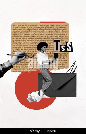 Composite Artwork 3D Foto Collage Trend der großen Hand halten Stift Linie Doodle junge Dame Stand Arbeit Laptop Gedicht Autor Briefbuch Literatur Stockfoto
