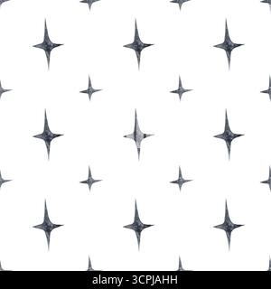 Nahtloser Hintergrund schwarze Aquarellsterne viereckige glänzende astronomische Astrologie Tapete schwarze Tinte auf weißer Hand gezeichnet Stockfoto