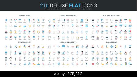Flaches Symbolset umfasst intelligente Heimautomatisierung, moderne Geräte, elektrische Geräte, Energie, elektronische Teile, und Ingenieurkonzepte isolierte Vektorillustration Stock Vektor