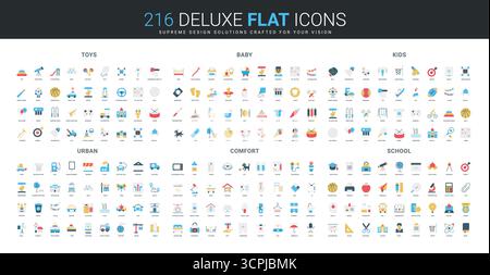 Farbenfrohes flaches Symbol-Set mit Spielzeug, Babypflege, Aktivitäten für Kinder, urbanem Lifestyle, Wohnkomfort, und Schulbedarf, jede Gruppe visuell unterscheidbar und detailliert isolierte Vektor-Illustration Stock Vektor
