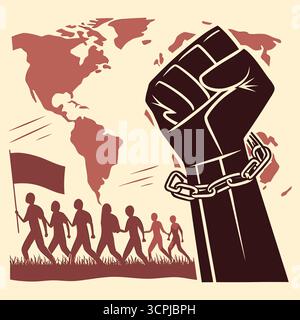 Erhöhte Faust, gebrochene Kette und Protest People auf Weltkarte - Revolution und Freiheit Stock Vektor