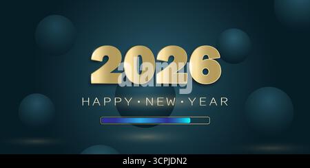 Silvester Hintergrund mit goldenem Schriftzug 2026 und Happy New Year auf grünem Hintergrund mit dreidimensionalen Kugeln Stock Vektor