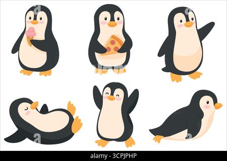 Eine Sammlung niedlicher Karikaturpinguine, die verschiedene Aktivitäten ausüben. Einige halten Eis und Pizza bereit, während andere spielen und entspannen. Stock Vektor