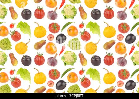 Helles appetitliches Obst und Gemüse auf weißem Hintergrund. Nahtloses Muster. Stockfoto