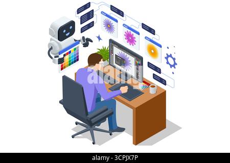 AI Design Assistant Desktop. Isometrischer Roboter, der den Menschen hilft, digitale Kunst am Computer zu erstellen, KI-Assistent in Illustration, Design und Kreativität. AI Stock Vektor