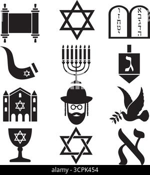 Judaismus Schwarze und Weiße Symbole. Sammlung von 12 schwarz-weißen Ikonen des Judentums, isoliert auf weißem Hintergrund. EPS-Datei verfügbar. Stock Vektor