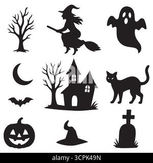 Sammlung von Halloween-Silhouetten, Symbolen und Charakteren, Elementen für Halloween-Dekorationen Stock Vektor